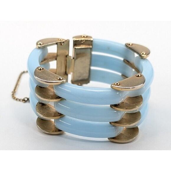 VTG Vargas Blue Crackle Lucite Wide Link 3 Row Gold Tone Hinged Bracelet 7" - Picture 3 of 6